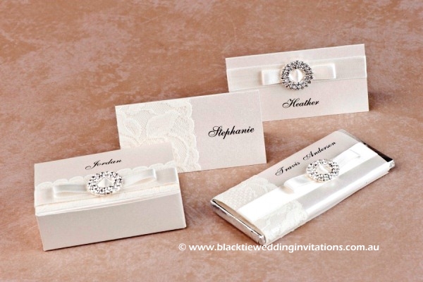 bridal lace - favour box, place cards and personalised chocolate