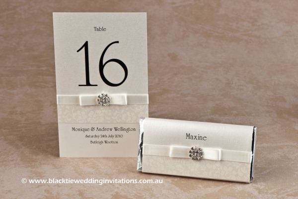 ivory bloom - table number and personalised chocolate