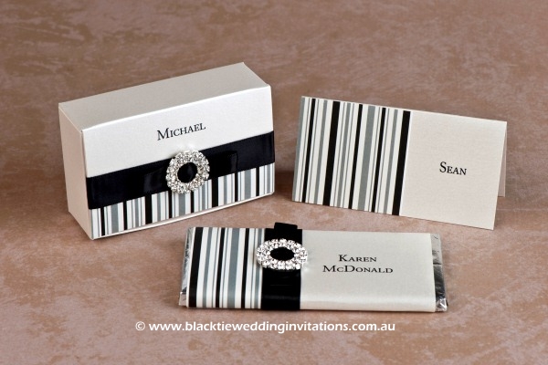 licorice stripe - favour box, place card and personalised chocolate