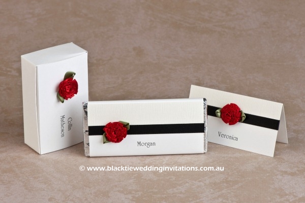 single red rose - favour box, personalised chocolate and place card