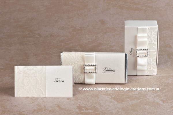 white wedding - place card, personalised chocolate and favour box