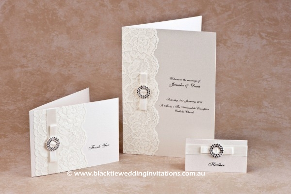 bridal lace - thank you card, service booklet cover and place card