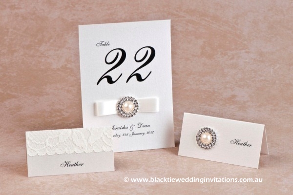 diamonds and pearls - place cards and table number