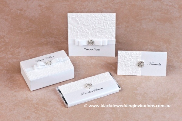 dove - thank you card, favour box, place card and personalised chocolate