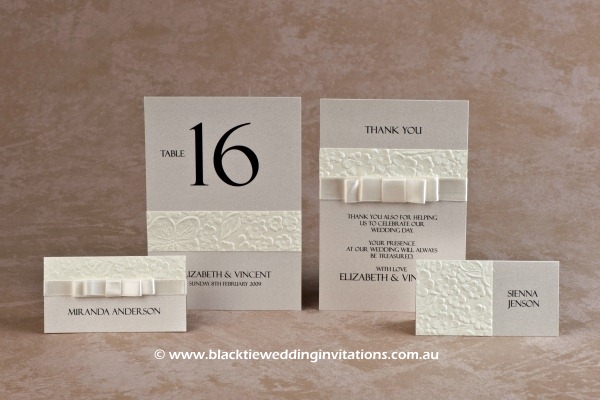 pure - place cards, table number and thank you card