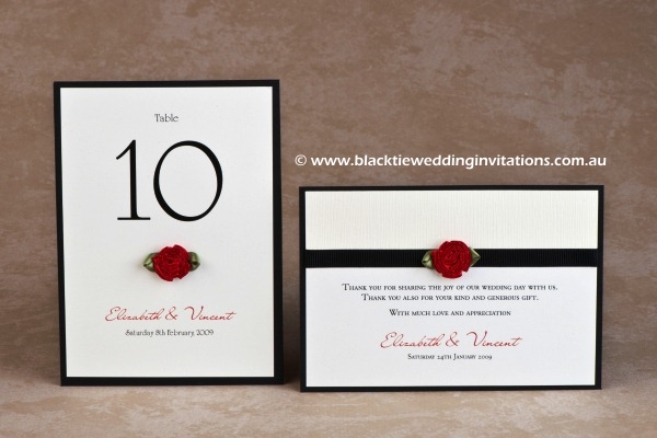single red rose - table number and thank you card