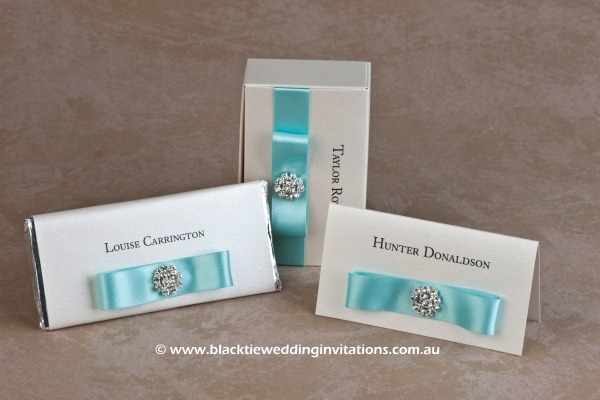 touch of blue - personalised chocolates, favour box and place card