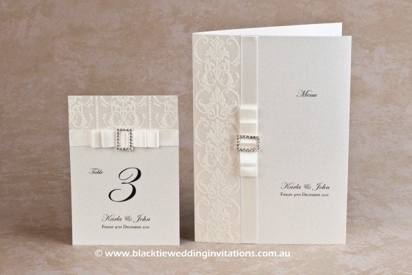 white wedding - table number and menu