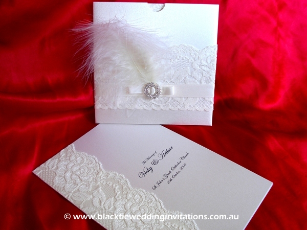 wedding invitation bride and plume