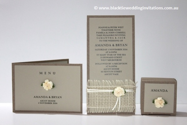 a little bit country: menu, invitation and favour box